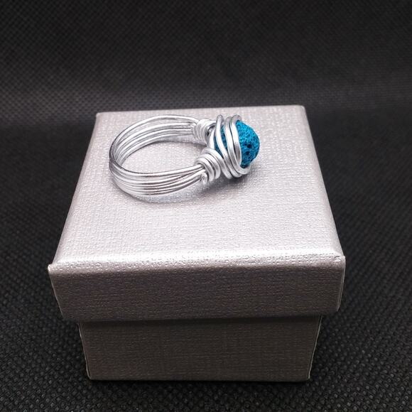 Artisan Turquoise Lava Stone Ring Silver Tone Wire Wrapped Diffuser Boho Sz 8.5 - Picture 4 of 13